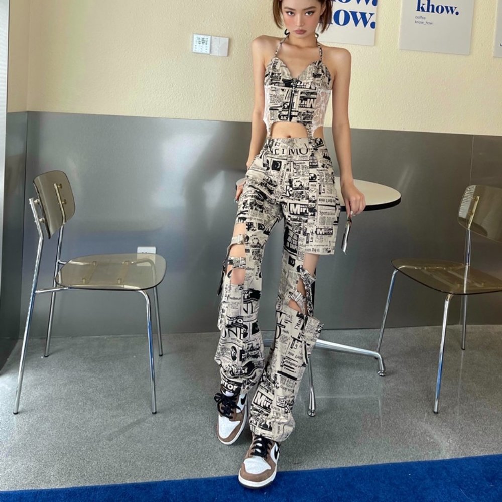 NWT Newspaper Print Retro Vintage cut out pants